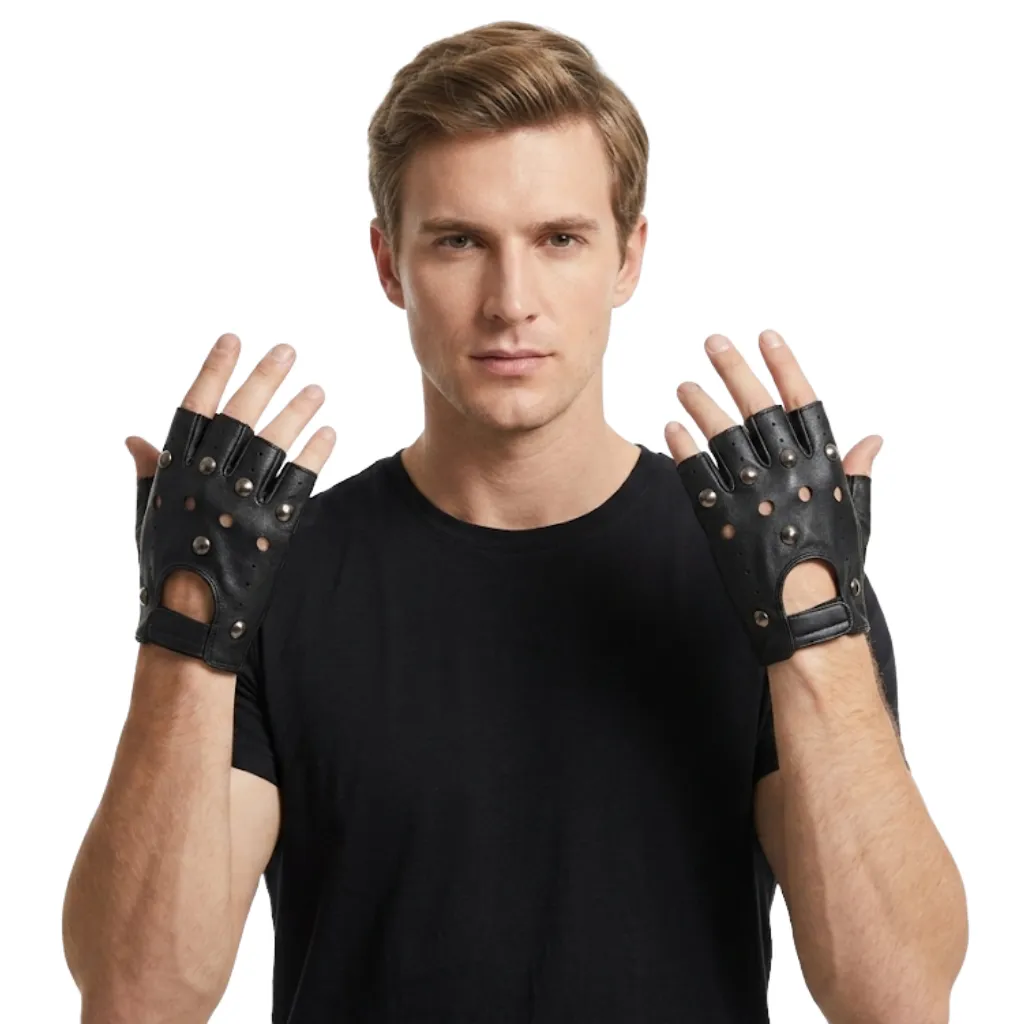 [1236-12-YW] YW ADULT BIKER FINGERLESS BLACK GLOVES