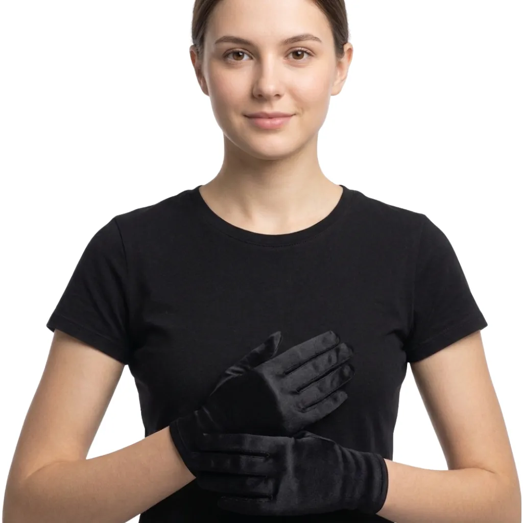 YW SATIN ADLT BLACK SHORT GLOVES